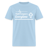 Men's Classic T-Shirt- Faith Conquers - powder blue