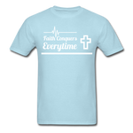 Men's Classic T-Shirt- Faith Conquers - powder blue